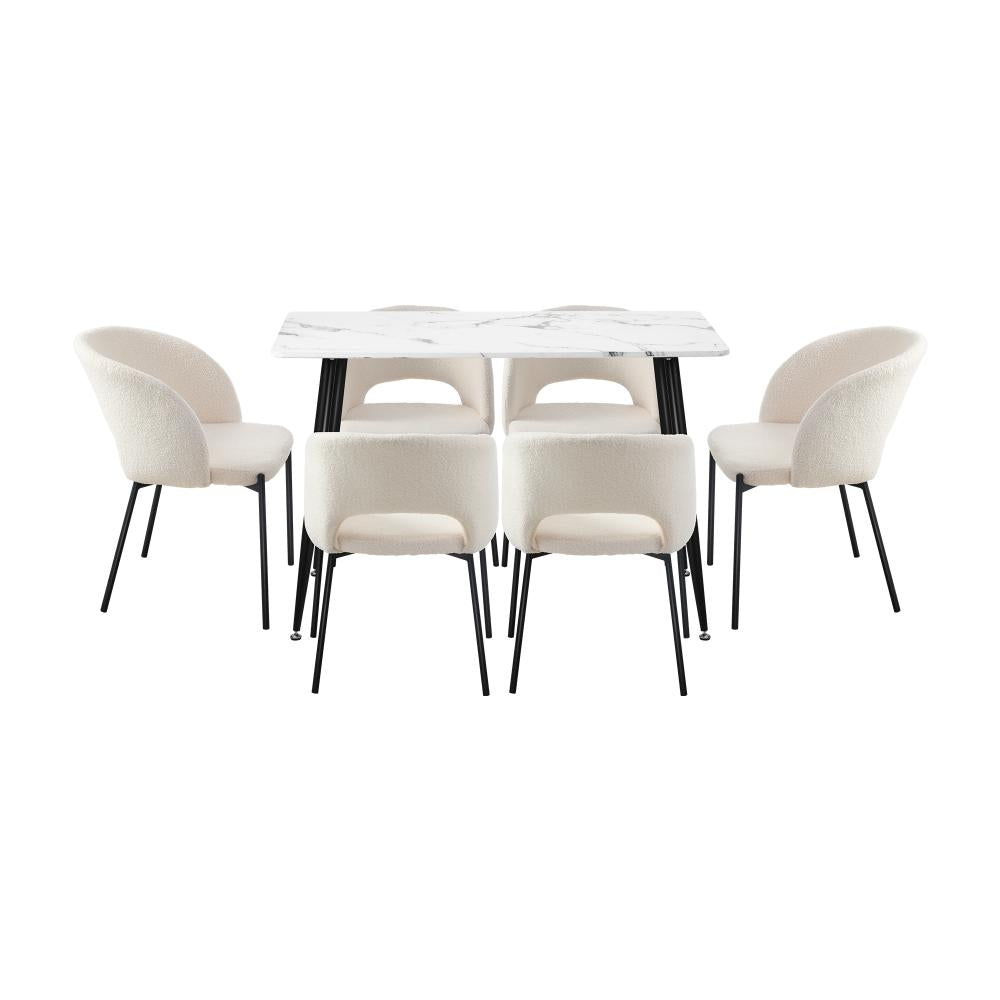 Oikiture 120cm Rectangle Dining Table with 6PCS Dining Chairs Sherpa White-Dining Table and Chairs-PEROZ Accessories