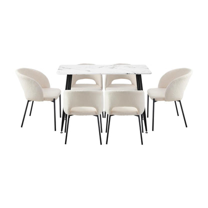 Oikiture 120cm Rectangle Dining Table with 6PCS Dining Chairs Sherpa White-Dining Table and Chairs-PEROZ Accessories