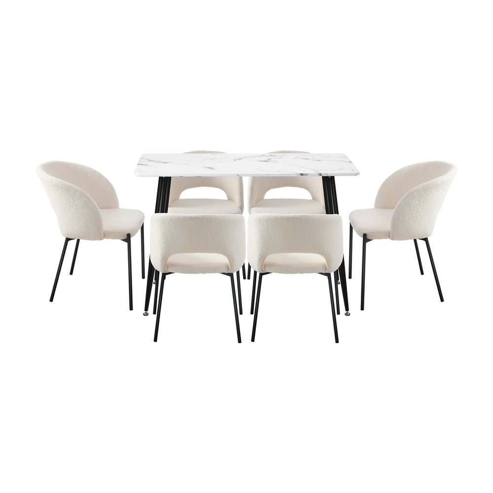 Oikiture 120cm Rectangle Dining Table with 6PCS Dining Chairs Sherpa White-Dining Table and Chairs-PEROZ Accessories