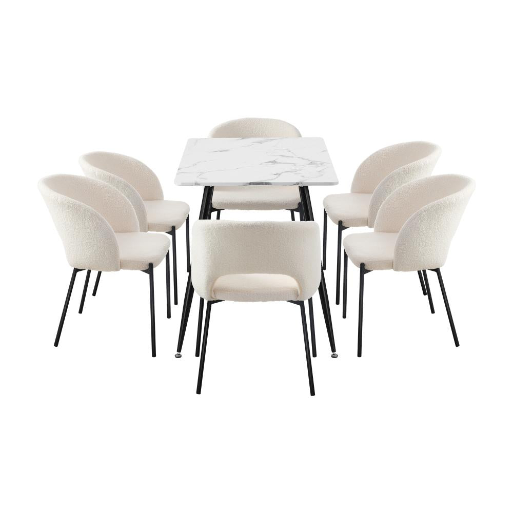 Oikiture 120cm Rectangle Dining Table with 6PCS Dining Chairs Sherpa White-Dining Table and Chairs-PEROZ Accessories
