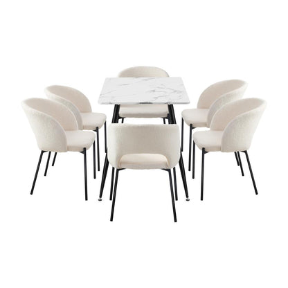 Oikiture 120cm Rectangle Dining Table with 6PCS Dining Chairs Sherpa White-Dining Table and Chairs-PEROZ Accessories