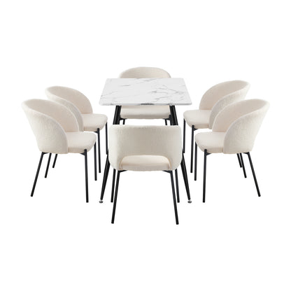 Oikiture 120cm Rectangle Dining Table with 6PCS Dining Chairs Sherpa White-Dining Table and Chairs-PEROZ Accessories