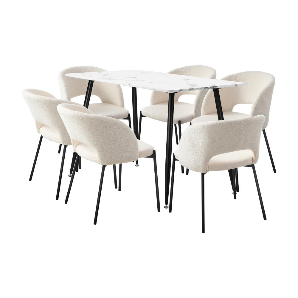 Oikiture 120cm Rectangle Dining Table with 6PCS Dining Chairs Sherpa White-Dining Table and Chairs-PEROZ Accessories