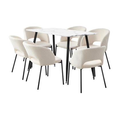 Oikiture 120cm Rectangle Dining Table with 6PCS Dining Chairs Sherpa White-Dining Table and Chairs-PEROZ Accessories