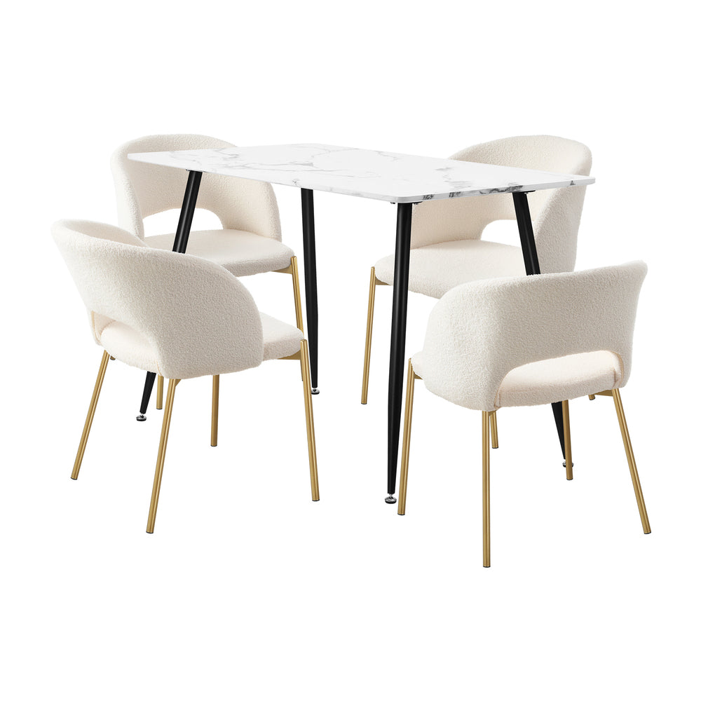Oikiture 120cm Rectangle Dining Table with 4PCS Chairs Sherpa White-Dining Sets-PEROZ Accessories