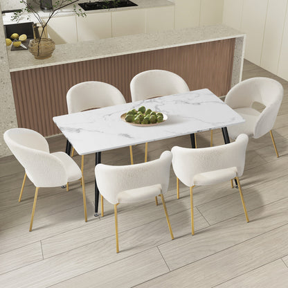 Oikiture 120cm Rectangle Dining Table with 6PCS Chairs Sherpa White-Dining Sets-PEROZ Accessories