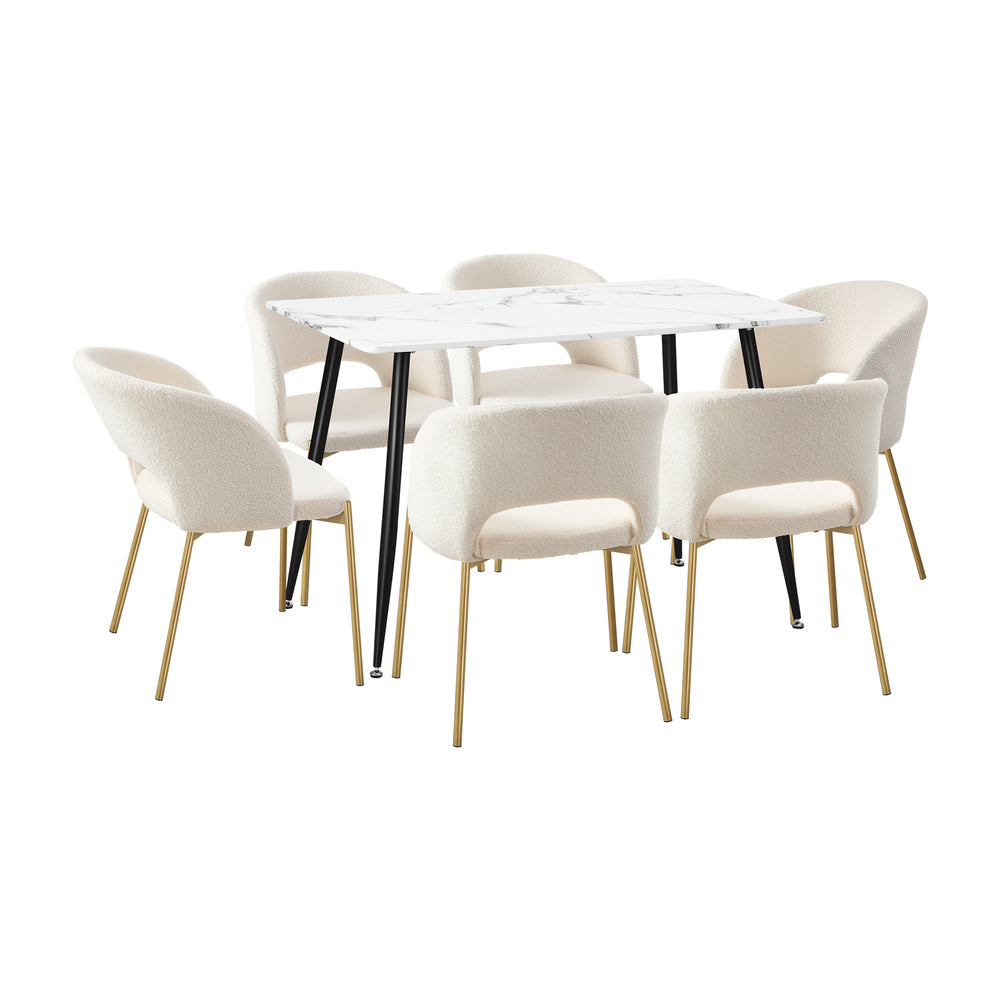 Oikiture 120cm Rectangle Dining Table with 6PCS Chairs Sherpa White-Dining Sets-PEROZ Accessories
