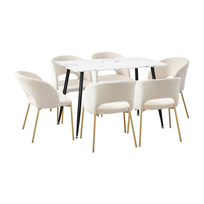 Oikiture 120cm Rectangle Dining Table with 6PCS Chairs Sherpa White-Dining Sets-PEROZ Accessories