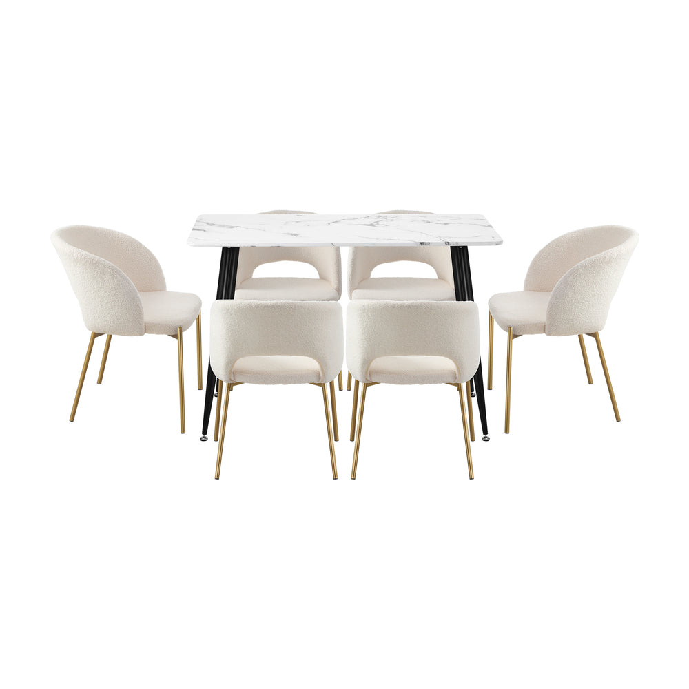 Oikiture 120cm Rectangle Dining Table with 6PCS Chairs Sherpa White-Dining Sets-PEROZ Accessories