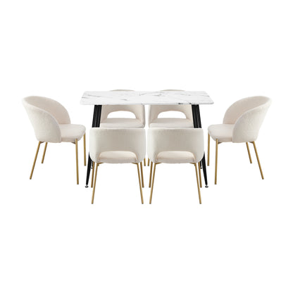 Oikiture 120cm Rectangle Dining Table with 6PCS Chairs Sherpa White-Dining Sets-PEROZ Accessories