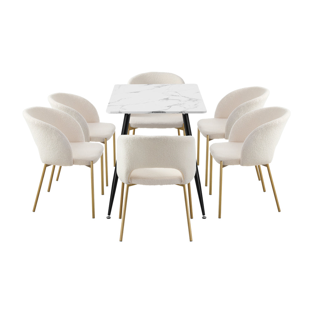 Oikiture 120cm Rectangle Dining Table with 6PCS Chairs Sherpa White-Dining Sets-PEROZ Accessories