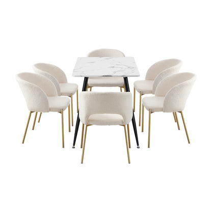 Oikiture 120cm Rectangle Dining Table with 6PCS Chairs Sherpa White-Dining Sets-PEROZ Accessories