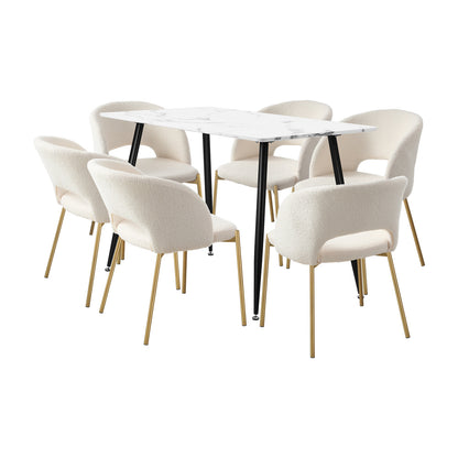 Oikiture 120cm Rectangle Dining Table with 6PCS Chairs Sherpa White-Dining Sets-PEROZ Accessories