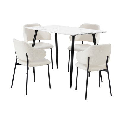 Oikiture 120cm Rectangle Dining Table with 4PCS Chairs Sherpa White-Dining Sets-PEROZ Accessories