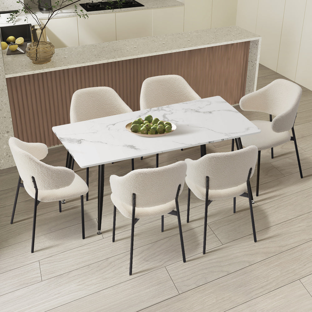Oikiture 120cm Rectangle Dining Table with 6PCS Chairs Sherpa White-Dining Sets-PEROZ Accessories