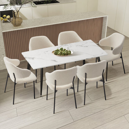 Oikiture 120cm Rectangle Dining Table with 6PCS Chairs Sherpa White-Dining Sets-PEROZ Accessories