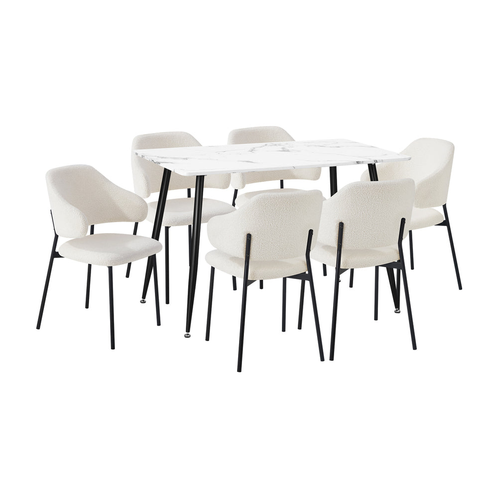 Oikiture 120cm Rectangle Dining Table with 6PCS Chairs Sherpa White-Dining Sets-PEROZ Accessories
