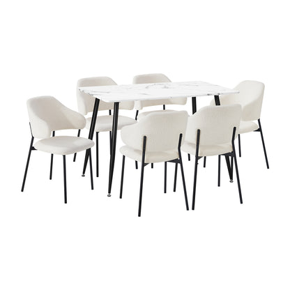Oikiture 120cm Rectangle Dining Table with 6PCS Chairs Sherpa White-Dining Sets-PEROZ Accessories