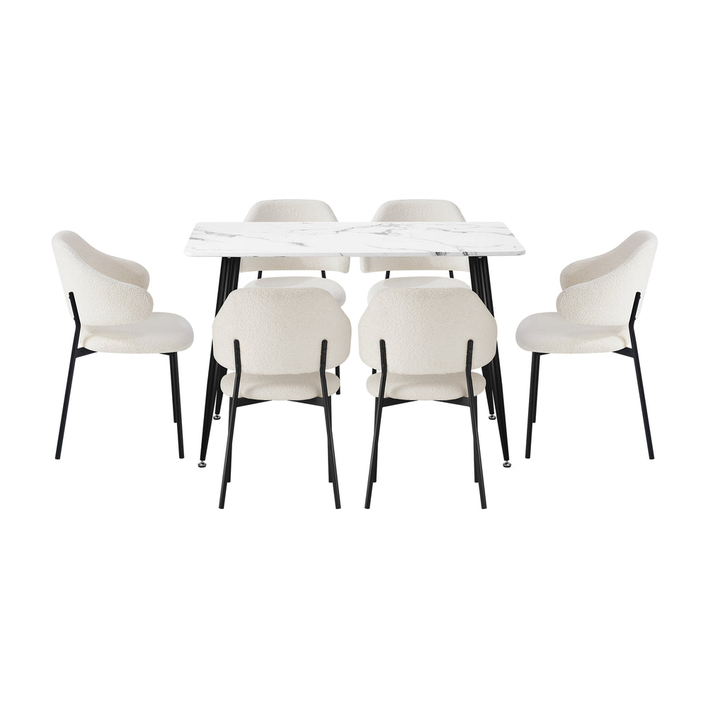 Oikiture 120cm Rectangle Dining Table with 6PCS Chairs Sherpa White-Dining Sets-PEROZ Accessories