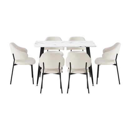 Oikiture 120cm Rectangle Dining Table with 6PCS Chairs Sherpa White-Dining Sets-PEROZ Accessories