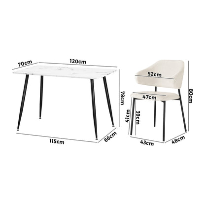Oikiture 120cm Rectangle Dining Table with 6PCS Chairs Sherpa White-Dining Sets-PEROZ Accessories