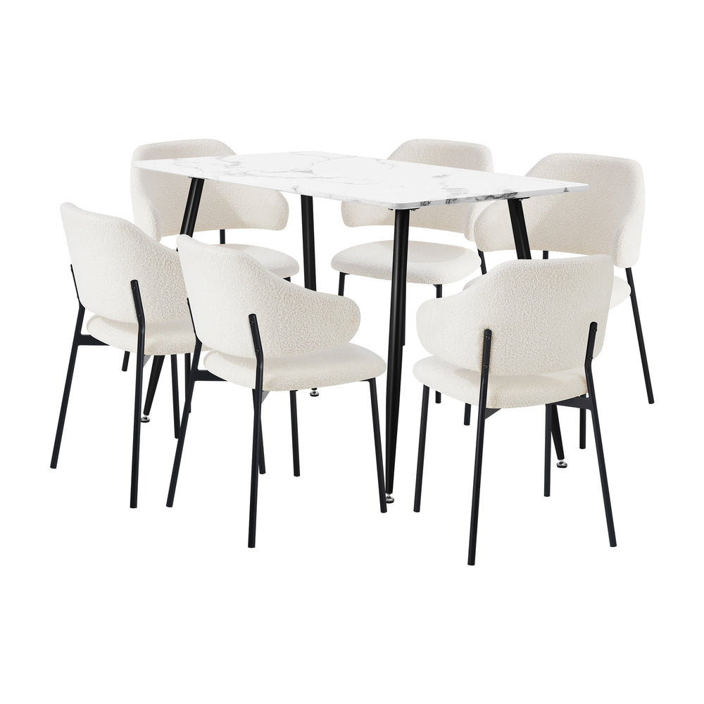 Oikiture 120cm Rectangle Dining Table with 6PCS Chairs Sherpa White-Dining Sets-PEROZ Accessories