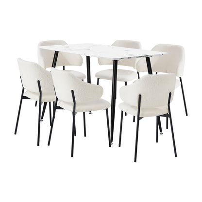 Oikiture 120cm Rectangle Dining Table with 6PCS Chairs Sherpa White-Dining Sets-PEROZ Accessories