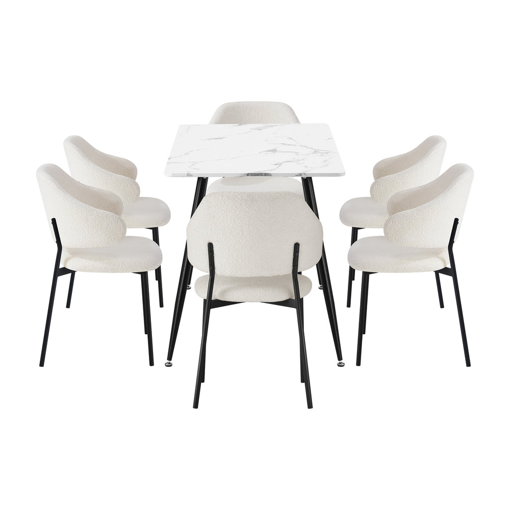 Oikiture 120cm Rectangle Dining Table with 6PCS Chairs Sherpa White-Dining Sets-PEROZ Accessories