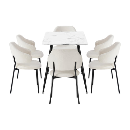 Oikiture 120cm Rectangle Dining Table with 6PCS Chairs Sherpa White-Dining Sets-PEROZ Accessories
