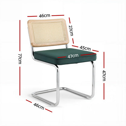 Artiss Dining Chairs Set of 2 Velvet Rattan Cantilever Green-Furniture &gt; Dining &gt; Kitchen &amp; Dining Chairs-PEROZ Accessories