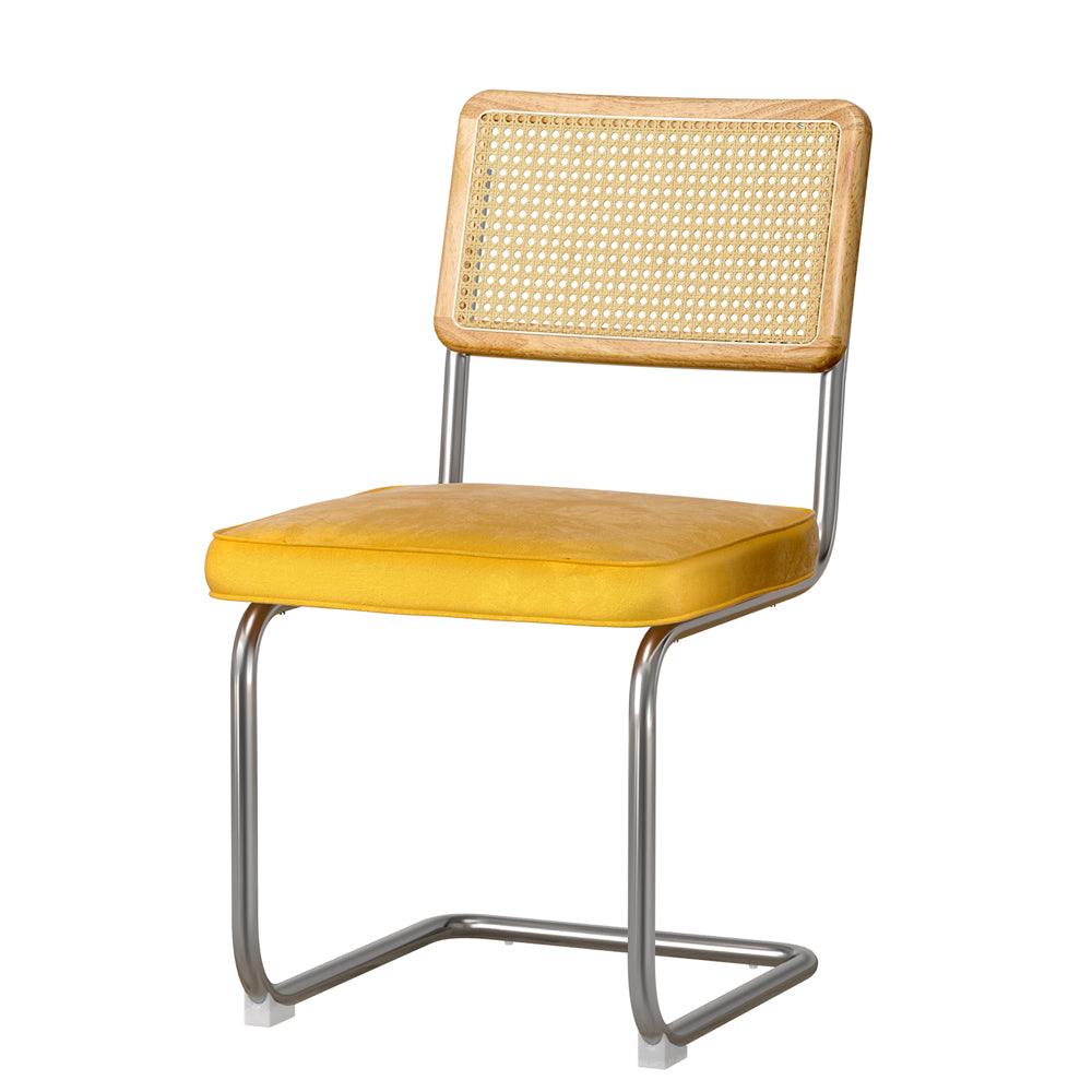 Artiss Dining Chairs Set of 2 Velvet Rattan Cantilever Yellow-Furniture &gt; Bar Stools &amp; Chairs-PEROZ Accessories