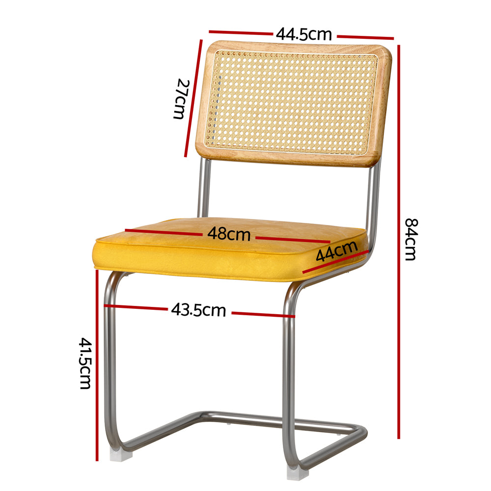 Artiss Dining Chairs Set of 2 Velvet Rattan Cantilever Yellow-Furniture &gt; Bar Stools &amp; Chairs-PEROZ Accessories
