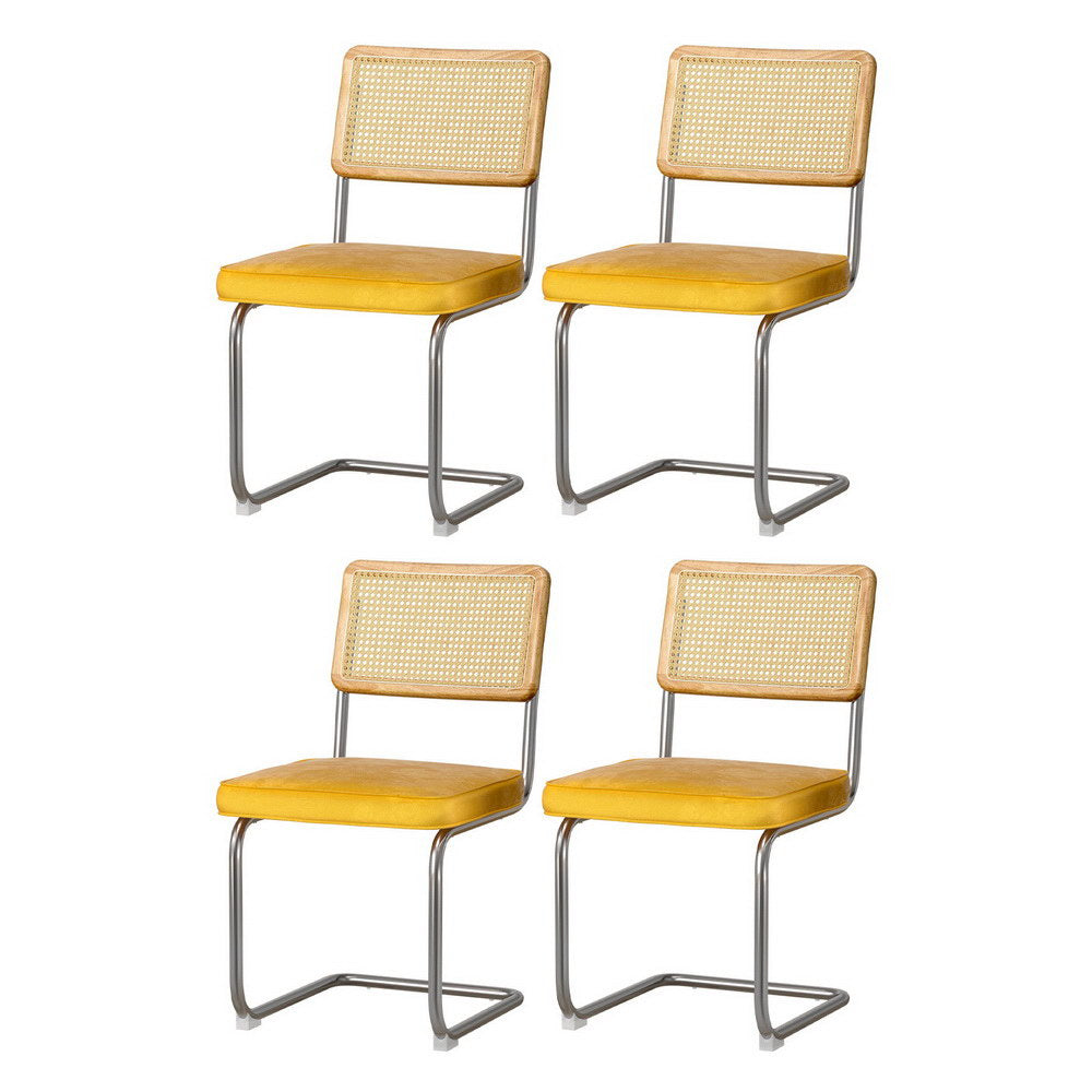 Artiss Dining Chairs Set of 4 Velvet Rattan Cantilever Yellow-Furniture &gt; Dining &gt; Kitchen &amp; Dining Chairs-PEROZ Accessories