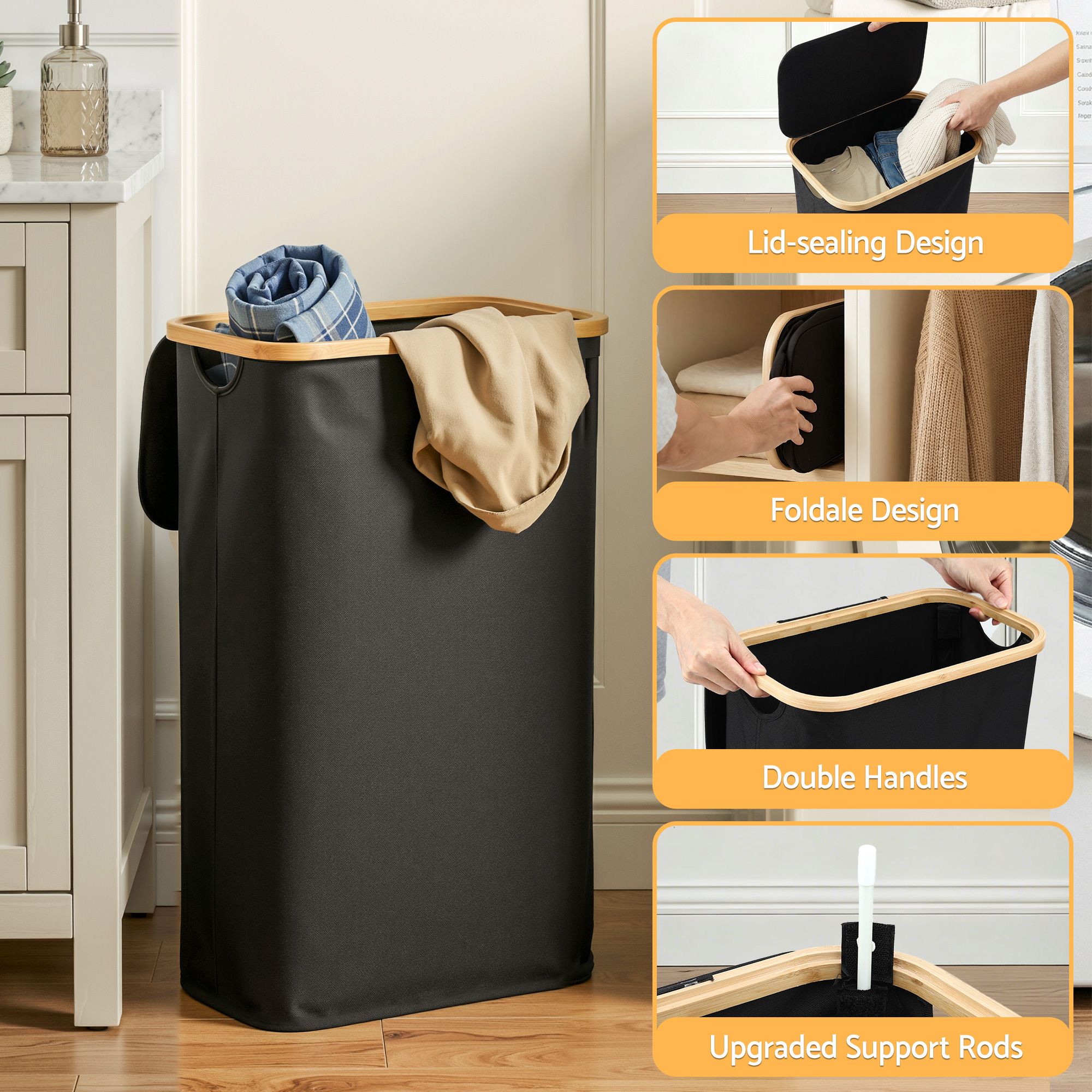 Artiss Laundry Basket with Removable Bag Foldable Black-Home &amp; Garden > Laundry &amp; Cleaning > Laundry Baskets-PEROZ Accessories