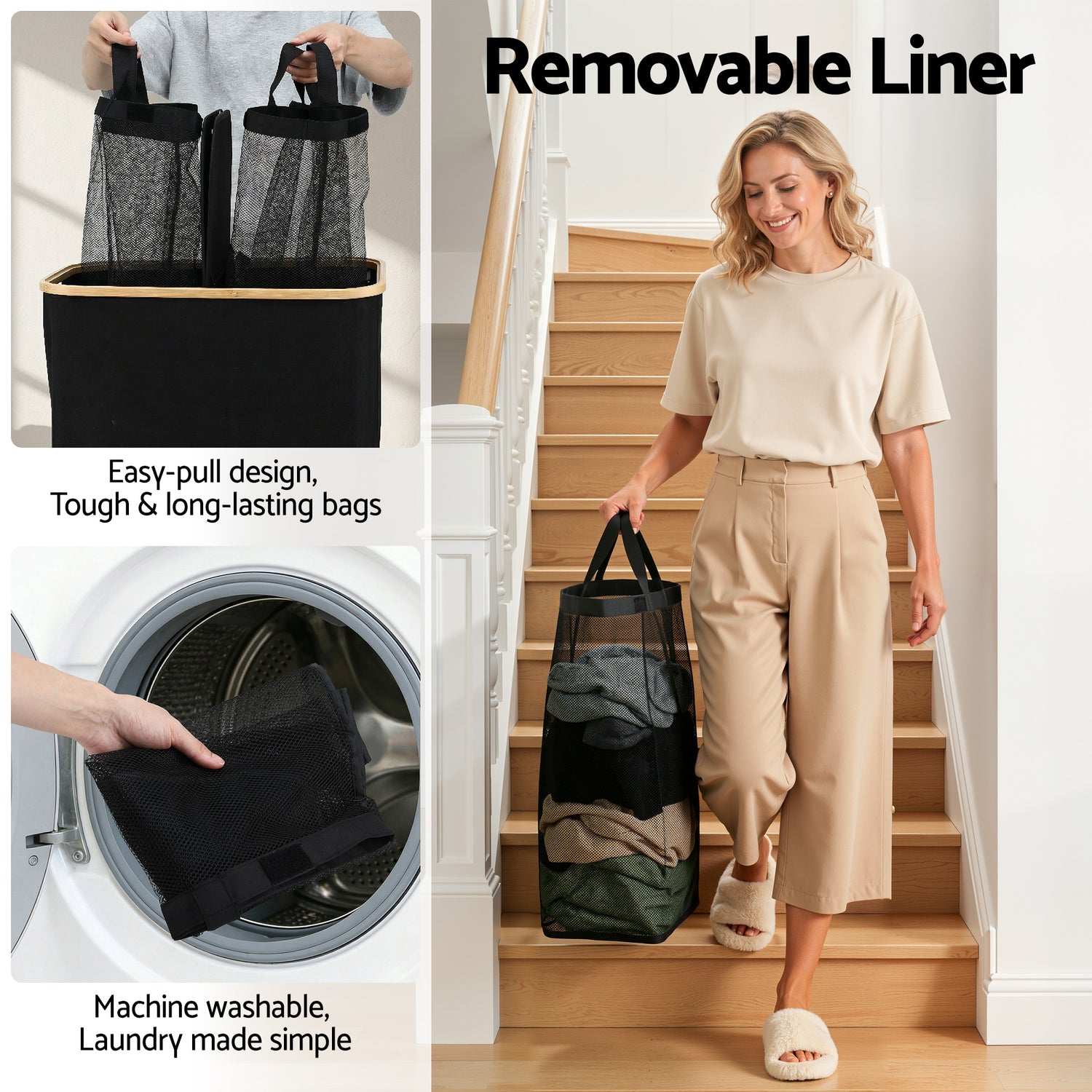 Artiss 2 Sections Laundry Basket with Removable Bags Foldable Black-Home &amp; Garden > Laundry &amp; Cleaning > Laundry Baskets-PEROZ Accessories