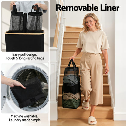 Artiss 2 Sections Laundry Basket with Removable Bags Foldable Black-Home &amp; Garden > Laundry &amp; Cleaning > Laundry Baskets-PEROZ Accessories