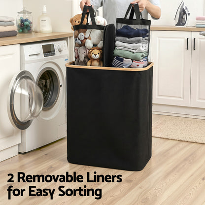 Artiss 2 Sections Laundry Basket with Removable Bags Foldable Black-Home &amp; Garden > Laundry &amp; Cleaning > Laundry Baskets-PEROZ Accessories