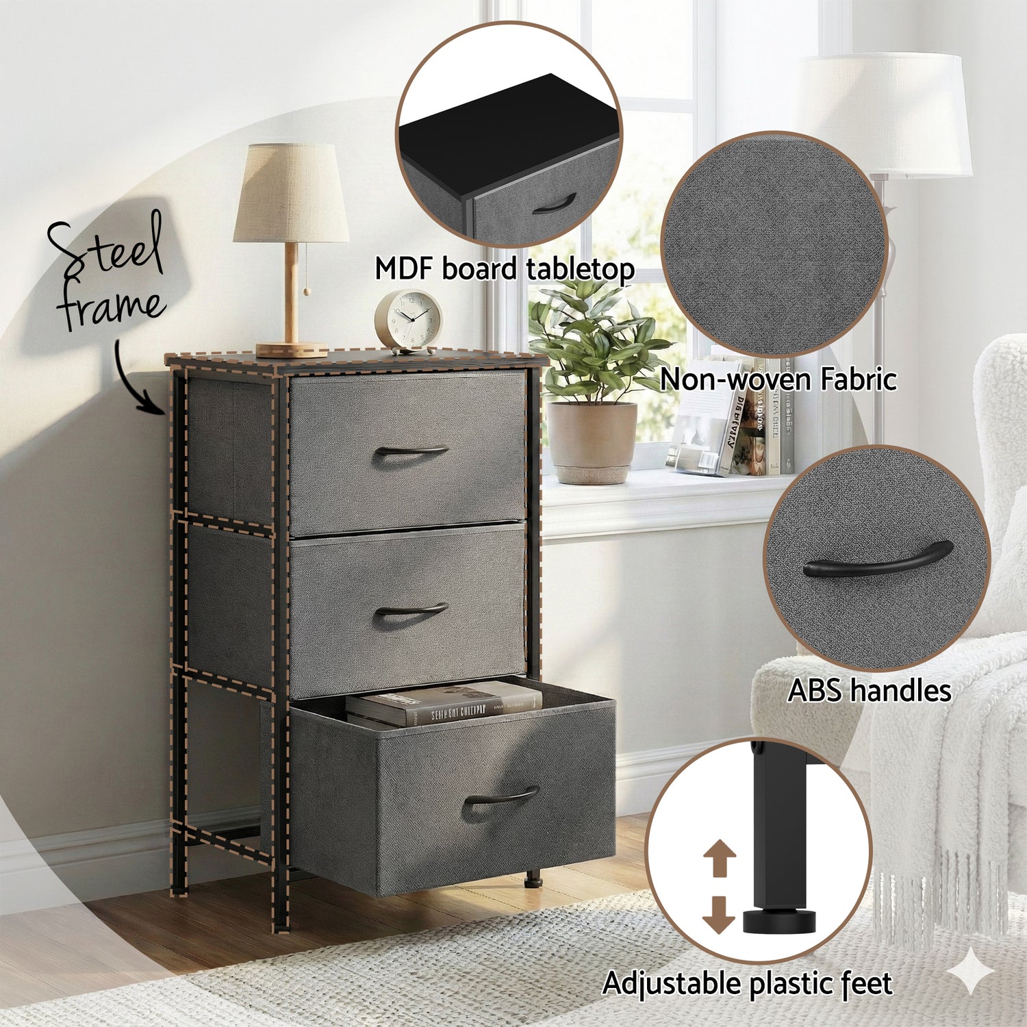 Artiss Chest of 3 Drawers Storage Dresser Tallboy Grey-Furniture > Bedroom > Dressers-PEROZ Accessories