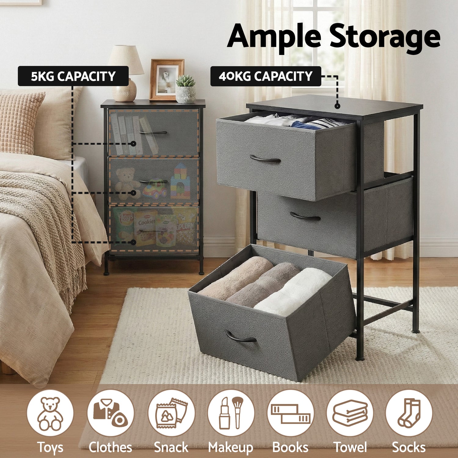 Artiss Set of 2 Chest of 3 Drawers Storage Dresser Tallboy Grey-Furniture > Bedroom > Dressers-PEROZ Accessories