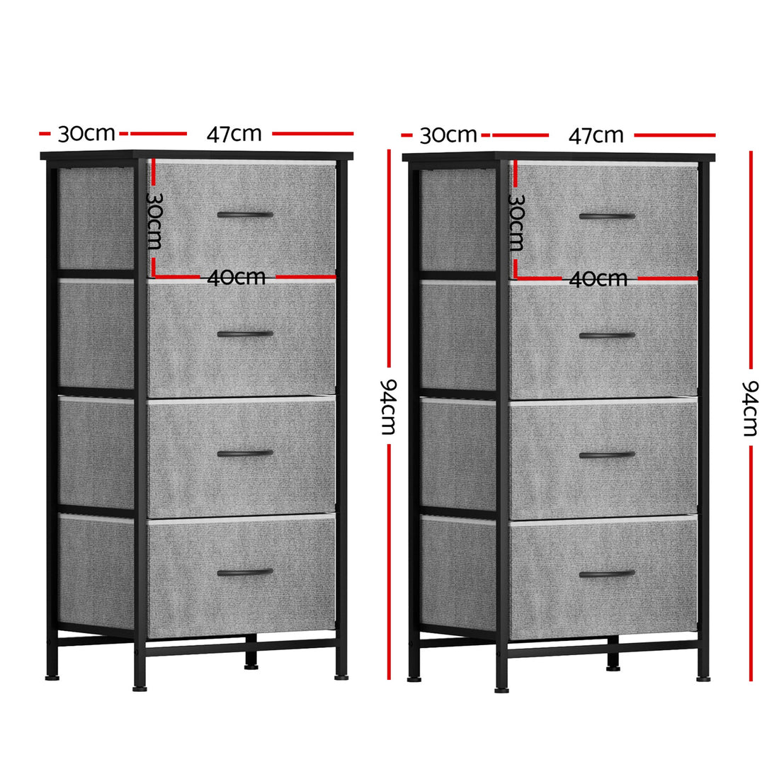 Artiss Set of 2 Chest of 4 Drawers Storage Dresser Tallboy Grey-Furniture &gt; Bedroom &gt; Dressers-PEROZ Accessories
