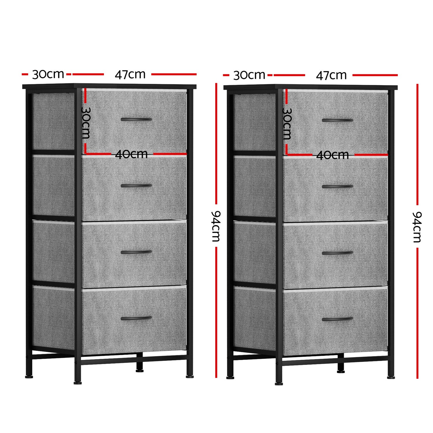 Artiss Set of 2 Chest of 4 Drawers Storage Dresser Tallboy Grey-Furniture &gt; Bedroom &gt; Dressers-PEROZ Accessories