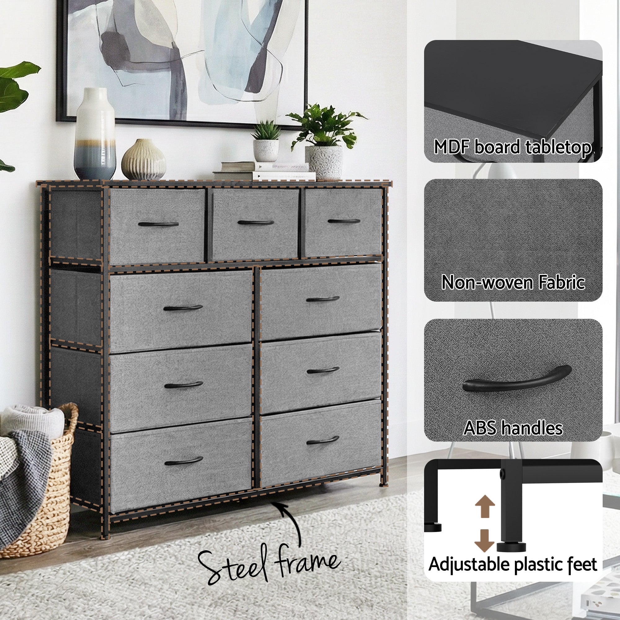 Artiss Chest of 9 Drawers Storage Dresser Tallboy Dark Grey-Furniture > Bedroom > Dressers-PEROZ Accessories