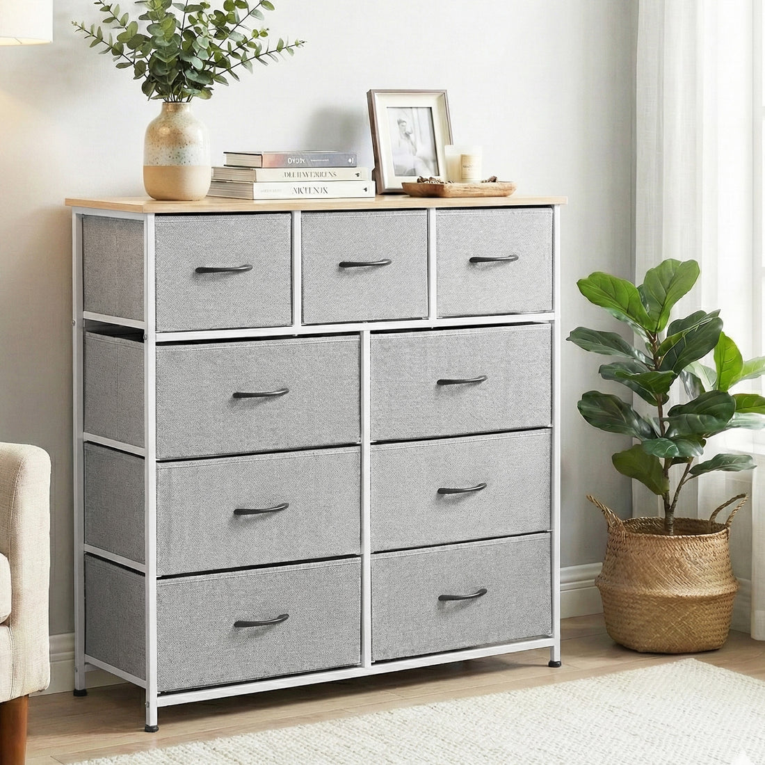 Artiss Chest of 9 Drawers Storage Dresser Tallboy Light Grey-Furniture > Bedroom > Dressers-PEROZ Accessories
