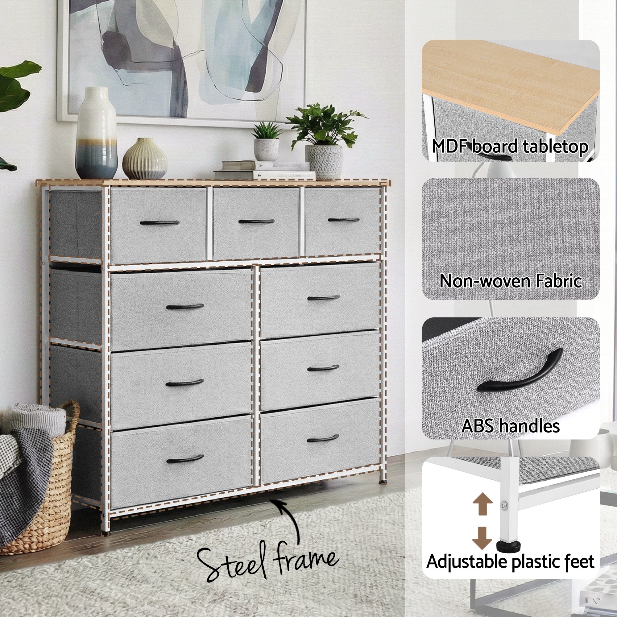 Artiss Chest of 9 Drawers Storage Dresser Tallboy Light Grey-Furniture > Bedroom > Dressers-PEROZ Accessories