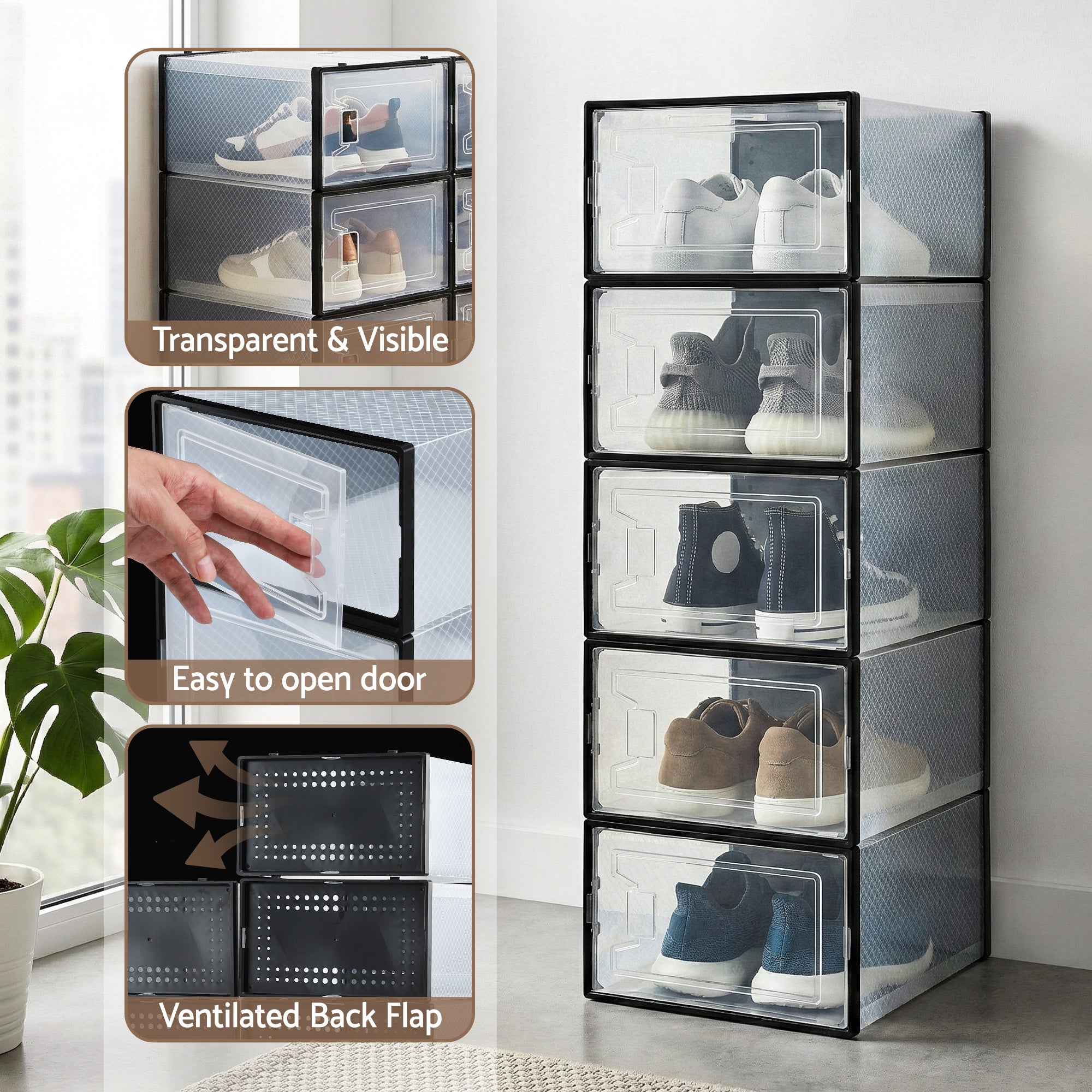 Artiss Shoe Storage Box DIY Set of 12 Stackable Black-Furniture > Living Room > Shoe Storage-PEROZ Accessories