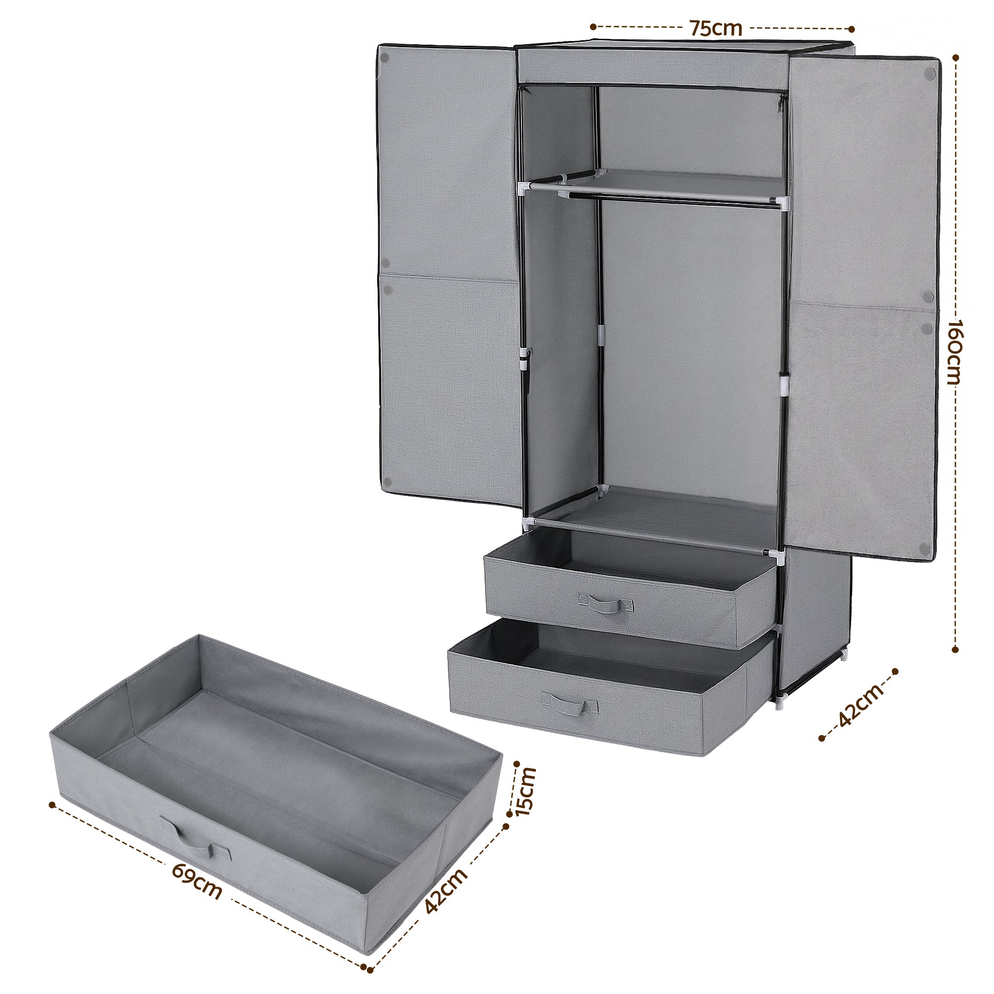 Artiss Large Portable Clothes Closet Wardrobe with Magnetic Door Grey-Home &amp; Garden > Storage > Clothing &amp; Wardrobe Storage-PEROZ Accessories