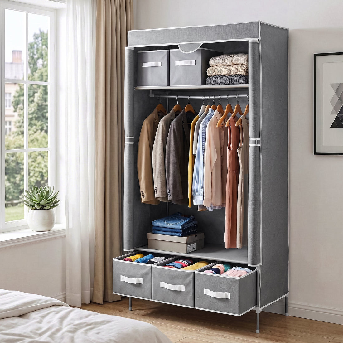 Artiss Large Portable Clothes Closet Wardrobe with Tiebacks Grey-Home &amp; Garden > Storage > Clothing &amp; Wardrobe Storage-PEROZ Accessories