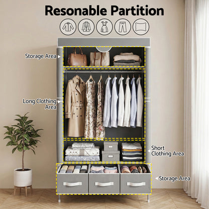 Artiss Large Portable Clothes Closet Wardrobe with Tiebacks Grey-Home &amp; Garden > Storage > Clothing &amp; Wardrobe Storage-PEROZ Accessories