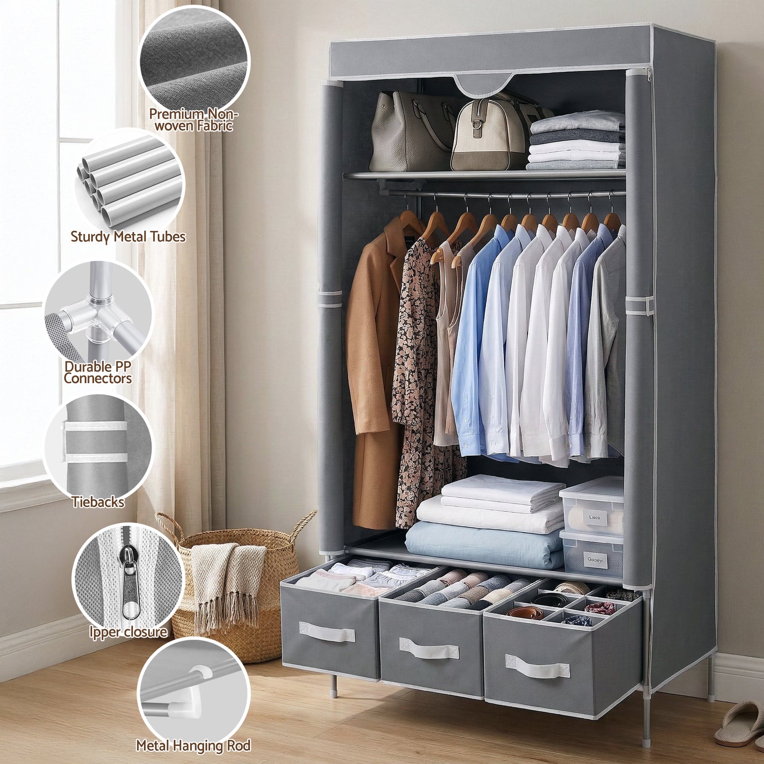 Artiss Large Portable Clothes Closet Wardrobe with Tiebacks Grey-Home &amp; Garden > Storage > Clothing &amp; Wardrobe Storage-PEROZ Accessories