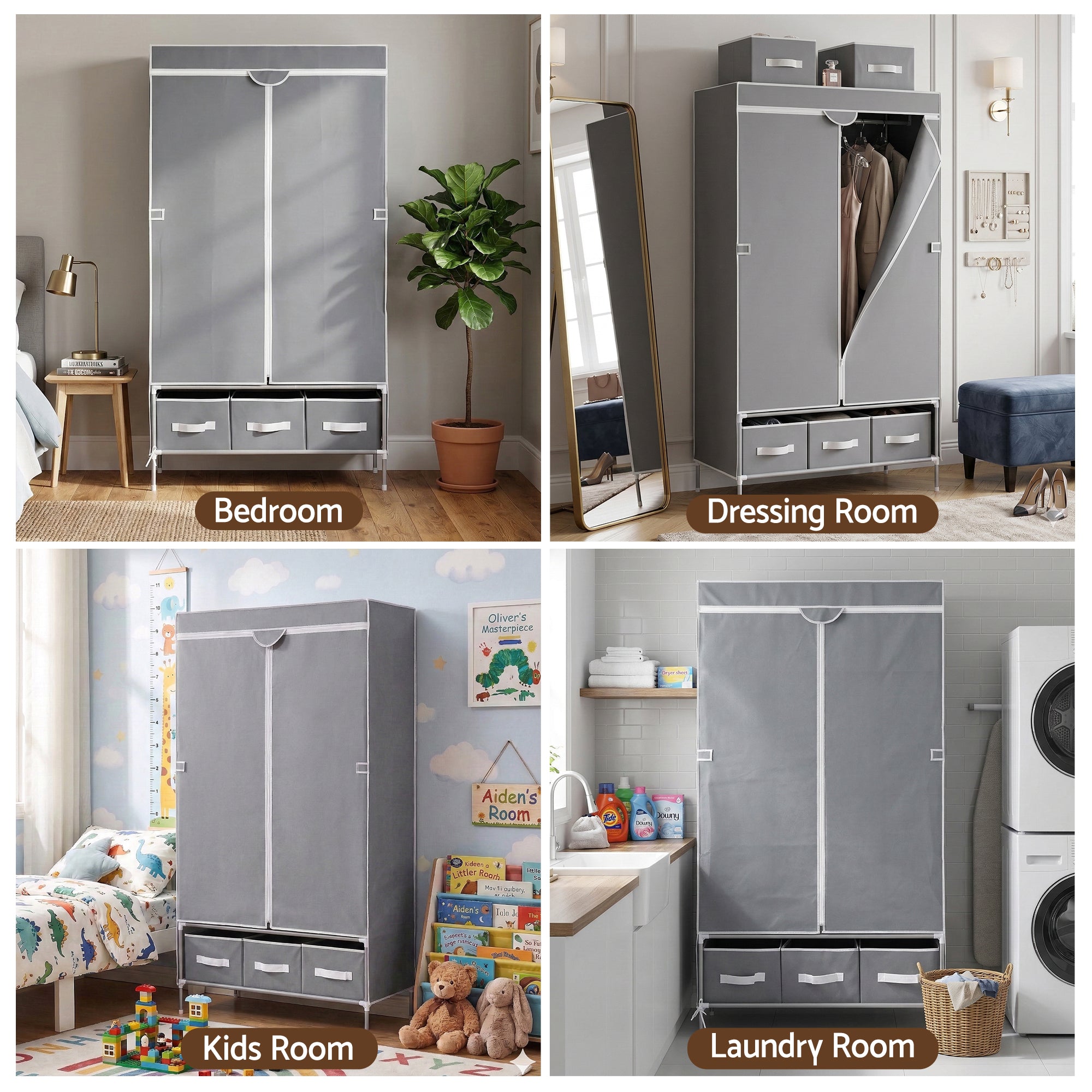 Artiss Large Portable Clothes Closet Wardrobe with Tiebacks Grey-Home &amp; Garden > Storage > Clothing &amp; Wardrobe Storage-PEROZ Accessories